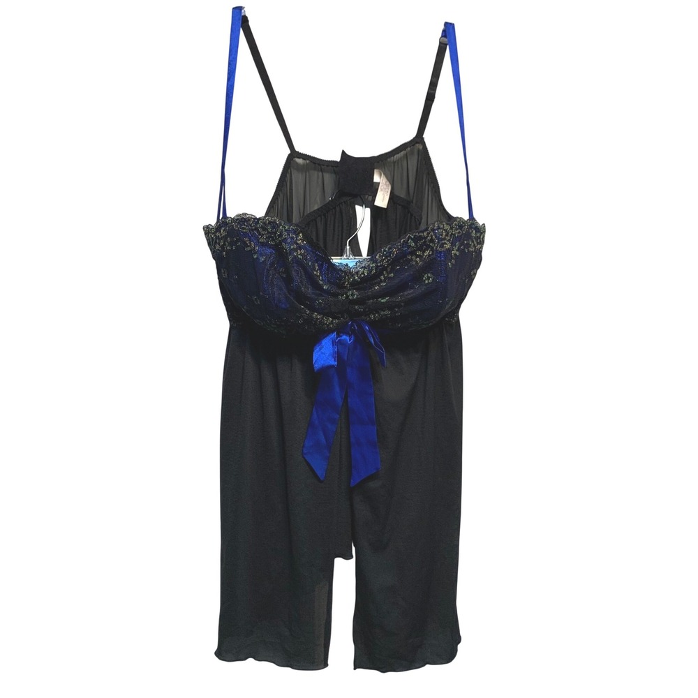 Cacique Babydoll Chemise 26/28 Blue Black Metallic Glitter Lace Silk Trim